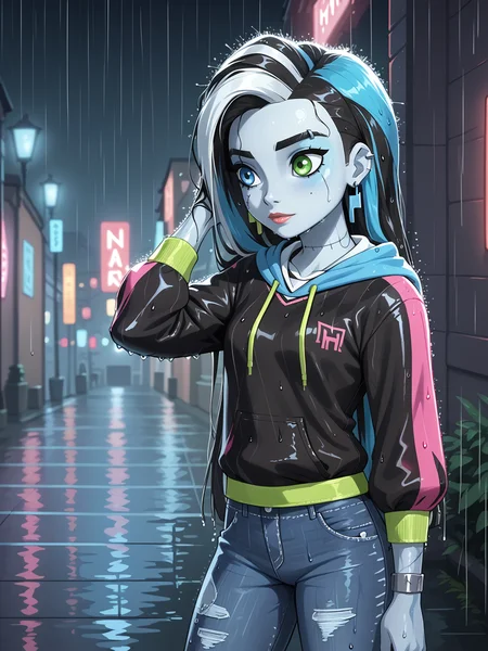 1girl, score_8_up, <lora:Frankie Stein (Skulltimate Secrets):0.75> frankiess, slumped, hoodie, hood up, jeans, neon lighting, rain, wet hair, wet clothes