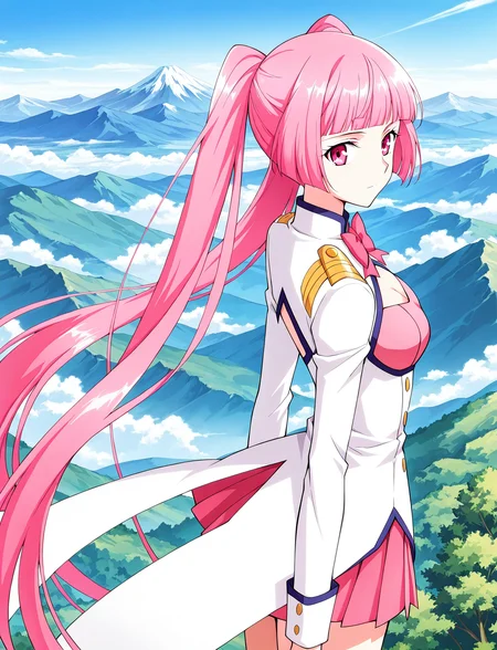 <lora:Nalan_Yanran:1>
1 girl, solo, pink hair, pink eyes, very long hair, twintails, bangs, blunt bangs, ponytail
white dress, cleavage, pink miniskirt, cleavage cutout, pink bow, pink bowtie, pleated skirt, high heels, clothing cutout, long sleeves, sailor collar, pink clothes chest
score_9, score_8_up, score_7_up, source anime, BREAK, cowboy shot, (from side), looking back, looking at viewer, overlooking mountain, high altitude, scenery, exterior, background, (solo), perfect hands