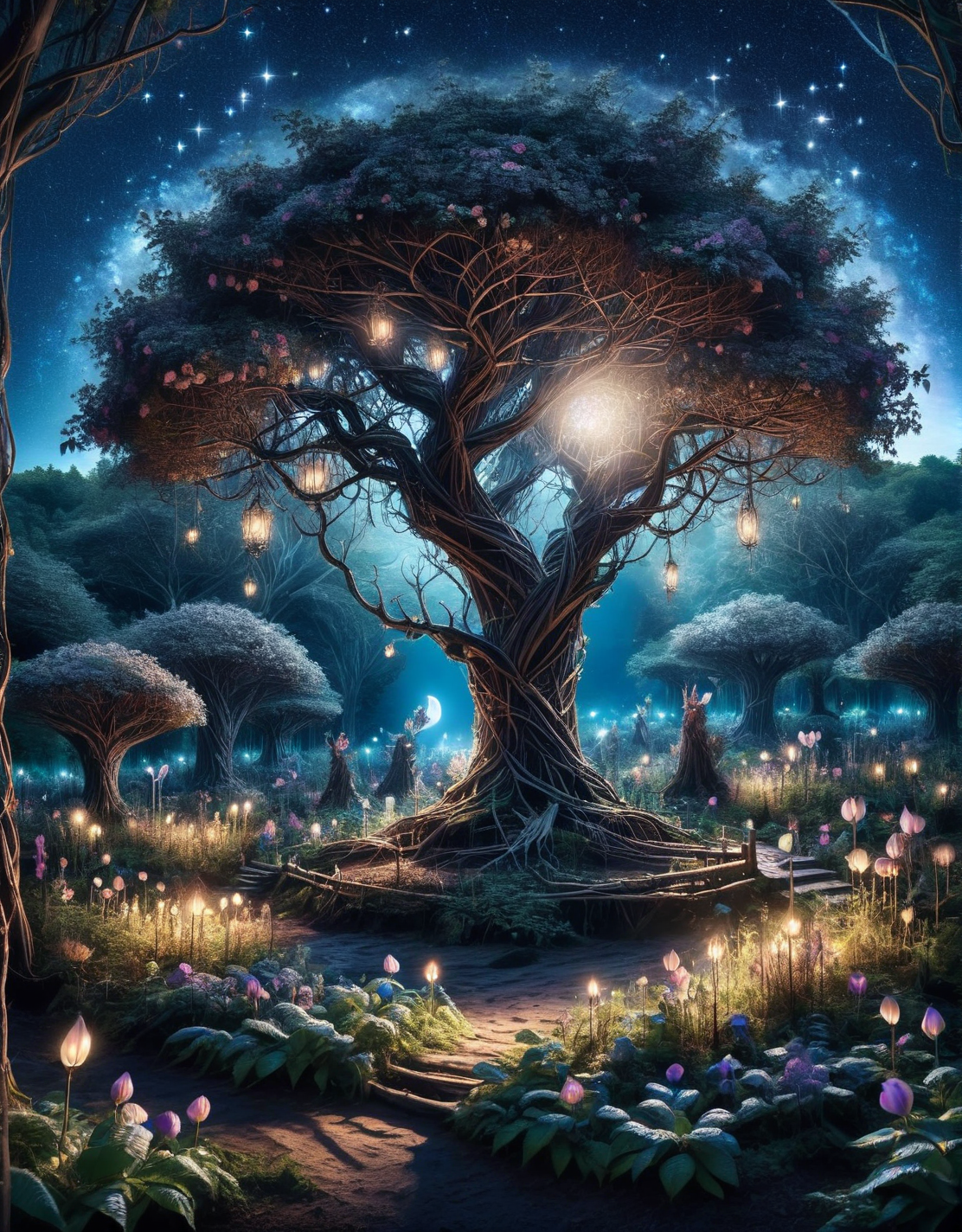 An ais-stcks enchanted forest at night, with glowing flowers, mystical creatures peering from behind trees, and a clear, starry sky visible through the canopy <lora:ais-stcks-sdxl:1>