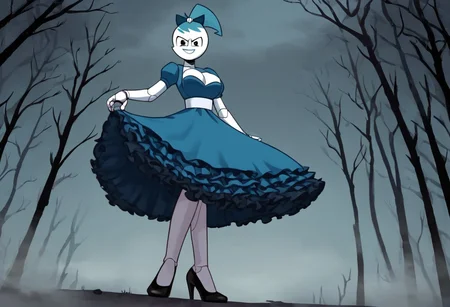 (Masterpiece, best quality:1.2), score_9, score_8_up, flat color, flat shading, soft shading, lighting, Jenny Wakeman as an adult, (((in a 1950's full length formal dark blue dress, a white belt, a fluffy frilly ruffled full white petticoat, and black high heels))), dress, layered petticoat, frilly petticoat, fluffy petticoat, full petticoat, detailed petticoat, wide skirt, detailed outfit, flowing skirt, (((long skirt))), (((solid dark blue colored dress, black high heels))), blue hair, series accurate, cute, best high quality, high res, robot, humanoid robot, (((giant breasts, cleavage))), whole body shot, 1girl, (((solo, outside, in a dark creepy forest, at night, heavy fog surrounding her, fog, heavy fog, obscured by the fog a little, looking at you, low angle))), (((evil, evil smile, determined evil eyes, posing gracefully and evilly))), low angle shot, cartoon, cartoon style, vector, solo, circle dress, 1950s, dance dress jenny, jenny wakeman, 1girl, solo, robot joints, black eyes, white skin, ponytail, hair bow, blue rose chest corsage, poofy dress, blue hair, flat lighting,