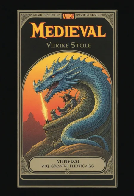 (vhs-box:1.2), vintageillustration, Wave Art Style,
vhs casette,
close-up shot, grin, looking at viewer,
fantasy, epic, brute, gladiator,
dragon, princess, warlock, wizard, lightning, dim lighting, 70s horror, text: ("Medieval":1.2),
