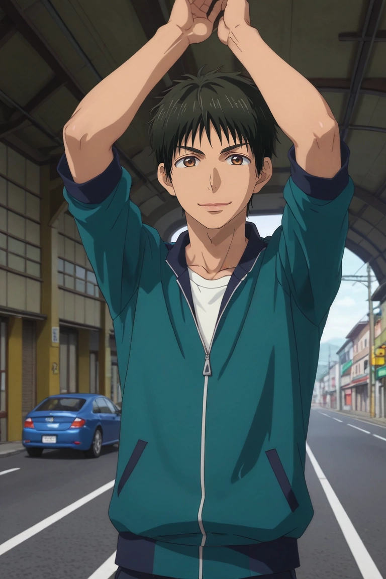 score_9, score_8_up, score_7_up, source_anime, rating_safe, , anime screencap, , official style, , , 1boy, solo, male focus, <lora:yuusuke_igarashi_pony:0.84>, yuusuke_igarashi, black hair, brown eyes, short hair, focused, highway, indoors, dark, arms above head, naughty smile, robot costume, <lora:sdxl_lightning_8step_lora:1>