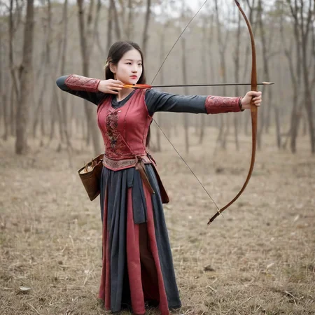 1girl,Long bow , Aiming a Bow, firing and arrow,d1 dress cloth<lora:mergedarchedlora:1>