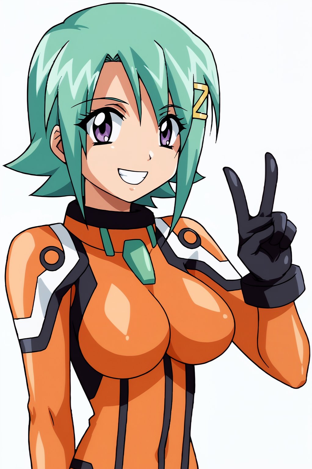 <lora:JoscoePOREvoPDXL:0.8>, white background,  Kiri, solo, smile, v, bodysuit, orange bodysuit