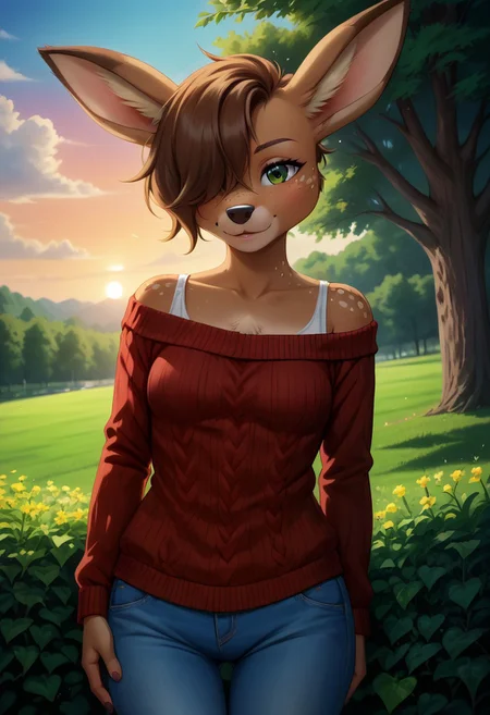 olo, 1girl, female, adult, lotte, deer girl, furry female, body fur, animal nose, snout, animal ears, green eyes, brown hair, short hair, freckles, cute face, perfect anatomy, detailed skin, detailed eyes, perfect hands, perfect face, small breast, hair over one eye, BREAK sweater, long sleeves, off-shoulder shirt, pants, BREAK outdoors, park, colorful, sunset, looking at viewer, dutch angle, BREAK ((ultra-detailed)), ((best quality)), ((best quality)), ((beautiful eyes)), ((extremely detailed)), 4K, (8K), best quality, (beautiful), Master piece, highres, score_9, score_8_up, score_7_up, score_6_up, score_5_up, score_4_up, colorful, best quality, official art, highres, masterpiece, nai3, god light, detailed background, high quality background, very aesthetic, absurdres,