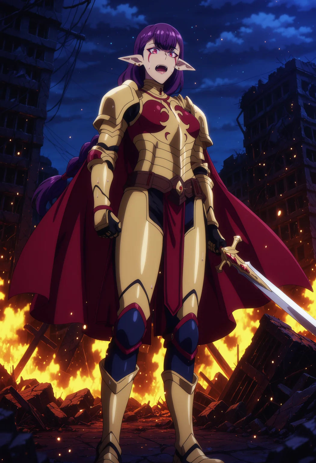 source anime,anime screencap,anime coloring,intricate details,fake screenshot,masterpiece, best quality, very aesthetic, dramatic lighting, illustration,
uncensored,
BREAK,
esil radiru, esil, pointy ears, 1girl, purple hair,jewelry, earrings,facial mark, fangs, bangs, braid,single braid, very long hair, long hair, ear piercing, red eyes, piercing, facial tattoo, elf, medium breasts,facial tattoo,mature female,
armor, cape, pauldrons, shoulder armor, gold armor, gauntlets, boots,
sweat,
perfect face, beautiful eyes, beautiful face,perfect anatomy,
BREAK,
looking at viewer, holding sword, standing, open mouth,
BREAK,
solo leveling,
sidelighting, beautiful background,
Detailed Background, scenery, outdoors, night, night sky, fire, ruins, dim lighting,
<lora:Esil_by_Nyx_for_Illu_v2:0.8>, <lora:saimin_seishidou_by_Nyx_for_Illu:0.7>,<lora:Smooth Booster detail:0.7>, <lora:modern_anime_screencap_v1_0:1>,