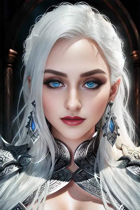 white hair, (RAW photo:1.2), (photorealistic:1.4),(masterpiece:1.4),(best quality:1.4),ultra high res,((detailed facial features)),HDR, evil queen vampire in the style of KingLich , 8k,  night, intricate detailed iridescent armor made by KingLich , warm soft color grading, (4k resolution:1.1), hyper-realistic, (ultra-detailed:1.3), long curly hair,  beautiful eyes, large eyes, full body,  <lora:BaoTram2819:0.6>