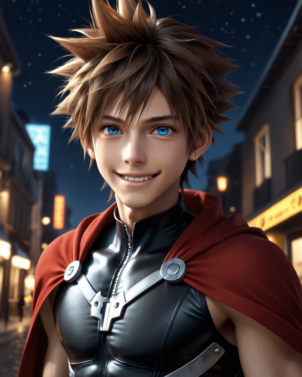 score_9, score_8_up, score_7_up, intricate details, rating_questionable,
<lora:homri52:1>
,
<lora:Sora_KH_-_Pony2:0.8>, 1boy(sora, male focus, solo, blue eyes, brown hair, spiked hair,, looking at the viewer, solo, happy, 
red cloak, sleeveless tight bodysuit), outdoors, at night, darkness
,
4k,
detailed background, depth of field, 
<lora:ral-chrosc-clr:0.5>, ral-chrosc-clr,
<lora:Expressive_H:0.5>, Expressiveh,
<lora:xl_more_art-full_v1:0.3>,
<lora:add-detail-xl:0.3>,