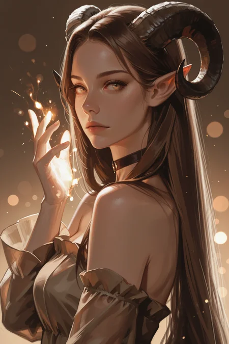1girl, horns, solo, long hair, pointy ears, looking at viewer, brown hair, bare shoulders, , upper body, sheep horns, , light brown eyes, dress, choker, curled horns, straight hair, breasts,, detached sleeves, , brown dress, nose, from side, , , brown hair, , eyelashes, , see-through, hazel eyes, looking to the side, strapless dress, demon girl, light particles, brown background, backlighting, gradient background, bokeh, palm magic, forehead, glowing hand, masterwork, masterpiece, best quality, detailed, depth of field, , high detail, best quality, very aesthetic, 8k, dynamic pose, depth of field, dynamic angle, adult, aged up