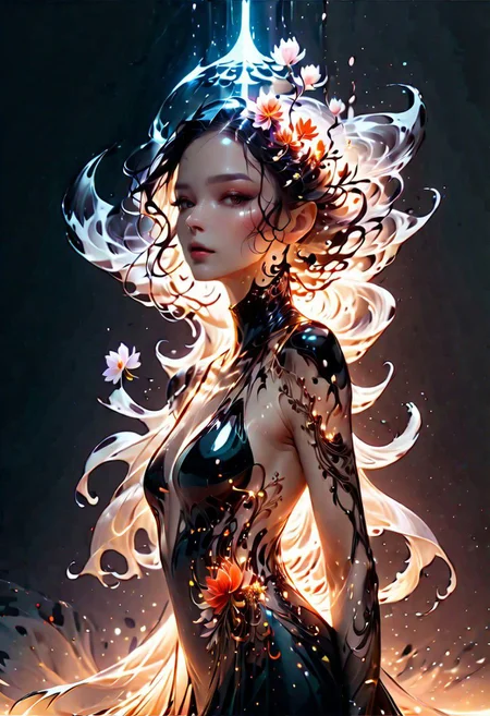 style of Aaron Horkey & Anne Bachelier fusion, Poster close-up, A delicate (tiny woman:0.8), illuminated by a (fast light void:1.5) revealing her intricate details and hidden beauty in a surreal landscape filled with (ethereal flora:1.2).