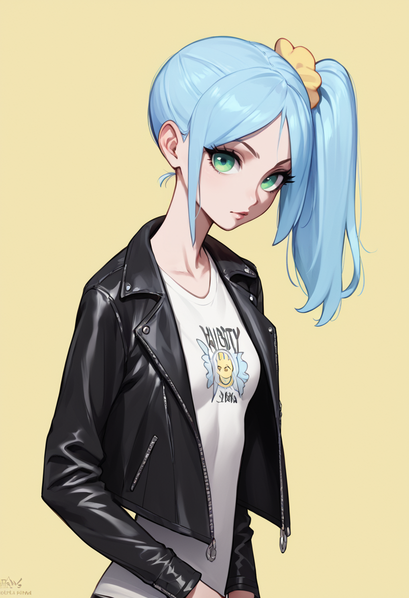 score_9, score_8_up, score_7_up, score_6_up, BREAK
1girl, beautiful, leather jacket, t-shirt, yellow background, <lora:PulenKompot-Fellatrix-BBs-PonyXL:1> daisy_\(fellatrix\), light blue hair, side ponytail, green eyes, small breasts, slender,