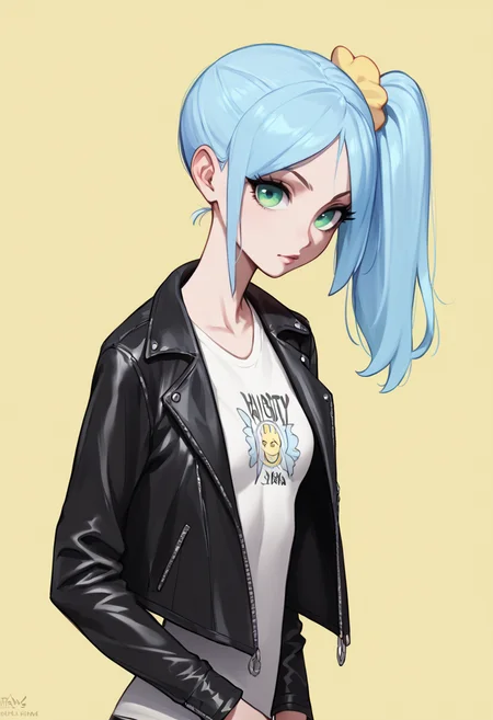 score_9, score_8_up, score_7_up, score_6_up, BREAK
1girl, beautiful, leather jacket, t-shirt, yellow background, <lora:PulenKompot-Fellatrix-BBs-PonyXL:1> daisy_\(fellatrix\), light blue hair, side ponytail, green eyes, small breasts, slender,