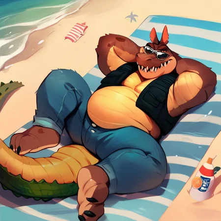 score_9, score_8_up, score_7_up, score_6_up, score_5_up, score_4_up, dingodile, dingo, crocodile tail, monster, mutant, scaly, furry, vest, jeans, fat, chubby, orange eyes, outside, beach background, beach scenery, water, relaxing, laying down, looking at viewer, sunglasses, barefoot,