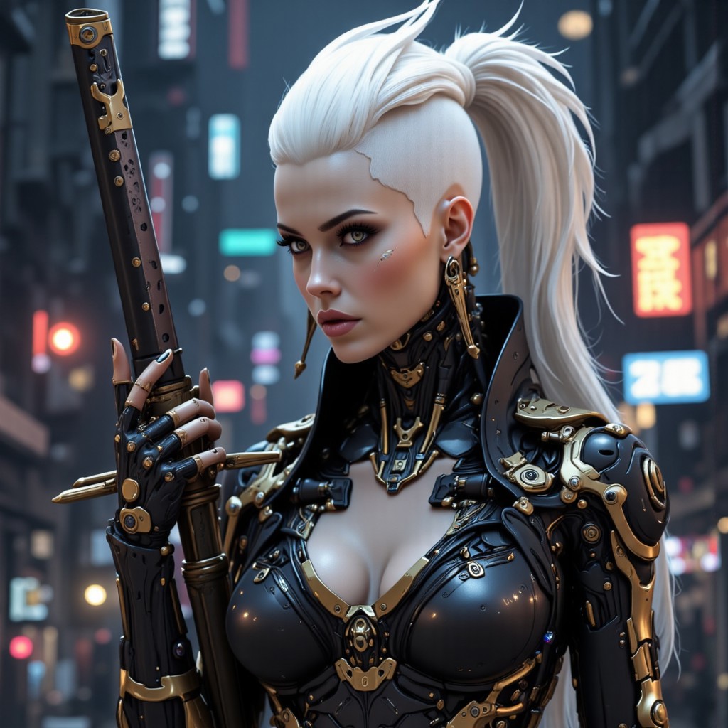 high angle camera view from above and at a distance, realism, skin texture style, Photo Quality Gorgeous Female Face, Ultra Pale Extremely White Skin, Tall White Mohawk Hair Style, detailed, facial expression style, High details face, High detailed Eyes, Full Body view, Mecharmor, futuristic, Jet Black with Very Dark Gold Trim Exosuit, Heavy Mech, Dynamic Aggressive Combat Pose, busty breasts, Cleavage with Covered Nipples, Exosuit, Extremely Low V cut top, Power Armor, futuristic, Tactical Futuristic Samurai Sword, Perfect hand, Heavy Mech, Armor Color Jet Black with Very Dark Gold Trim, Robot, Full body, Ready to strike, futuristic, (off-center composition, left aligned, Portrait),  Detailed hand, battle-worn, Gothic Neon Cyberpunk Night City Cityscape Background, cinematic film still glamorous photo dark art by Rafael Zabaleta, expressionism art by Asger Jorn, vibrant, Abstract expressionism, experimental painting techniques, bold bright colors, dynamic compositions, Expressionism, emotive brushwork, brilliant tones, dramatic lighting, introspective themes. high fashion, luxurious, extravagant, stylish, sensual, opulent, elegance, stunning beauty, professional, high contrast, detailed. shallow depth of field, vignette, highly detailed, high budget, bokeh, cinemascope, moody, epic, gorgeous, film grain, grainy
