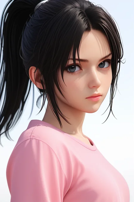 1girl, white background, 3d, <lora:Kak_Ros_UpinIpin:1> kak_ros, black hair, black eyes, ponytail, pink shirt, looking at viewer, (angry:0.3)