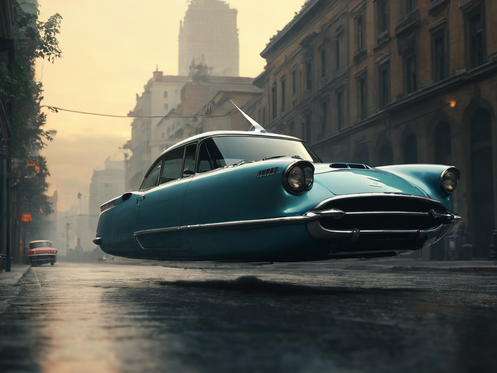 hovering cars, <lora:Hovering_Car_SDXL_v1:1>Hovering_Car, 1957, city streets, no wheels,, (1957s automobile) retro cyberpunk style, clean lines, sharp edges, streamline, (futuristic concept car:1.2), detailed, vintage style, hyper realistic, 16k, cinematic lighting, wide shot, f/3.6, gotham city background, gloomy, haze, perfect composition, beautiful detailed intricate insanely detailed octane render trending on artstation, 8 k artistic photography, photorealistic concept art, soft natural volumetric cinematic perfect light, chiaroscuro, award - winning photograph, masterpiece, oil on canvas, raphael, caravaggio, greg rutkowski, beeple, beksinski, giger