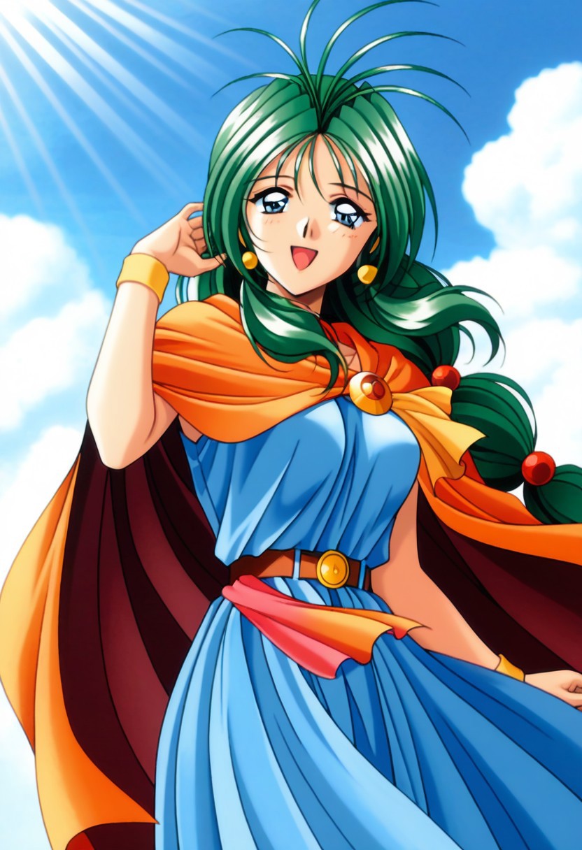 masterpiece, best quality, amazing quality, very aesthetic, high resolution, 1girl, cowboy shot, anime-style, digital art, high resolution, cute girl, smiling, sunlight, bright, clear sky, blue sky, clouds, daytime, outdoor, wind blowing her hair, dynamic pose, cheerful mood, light reflections, detailed background, high quality, beautiful, attractive, light rays, bright lighting, sky, joyful, happy, energetic, bright atmosphere, detailed shading, anime aesthetics, vibrant, lively, braid, jewelry, belt, cape, blue dress, wristband, retro artstyle, 1990s \(style\), 
clairemm, blue eyes, green hair, antenna hair, long hair, low-tied long hair, hair bobbles, medium breasts, mature female,