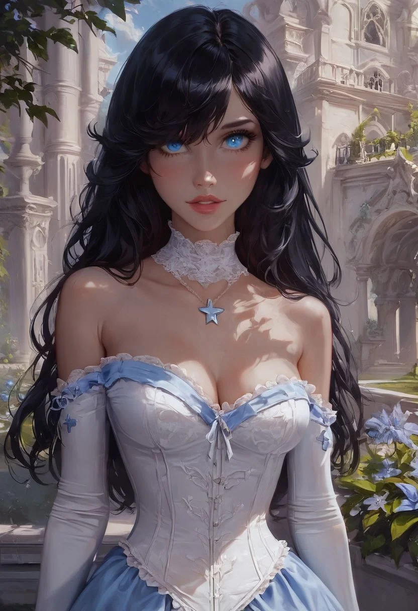 score_9,score_8_up,very aesthetic, semi realistic, OverallDetail, very aesthetic, semi realistic, solo,1girl, cute, pretty, perfect body, petite, sexy, (((beautiful black hair, jet black hair))), ((shoulder length messy black hair, hair covering one eye)), blue eyes, fantasy, cleavage, white lace choker with pendant, outdoor, mansion, gardens, full pouty lips, seductive expression, (((dark blue velvet dress))), white corset over dress, hyper-detailed, sharp, high resolution, high quality, 32K, Ultra realistic, HD, super detailed,