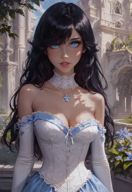 score_9,score_8_up,very aesthetic, semi realistic, OverallDetail, very aesthetic, semi realistic, solo,1girl, cute, pretty, perfect body, petite, sexy, (((beautiful black hair, jet black hair))), ((shoulder length messy black hair, hair covering one eye)), blue eyes, fantasy, cleavage, white lace choker with pendant, outdoor, mansion, gardens, full pouty lips, seductive expression, (((dark blue velvet dress))), white corset over dress, hyper-detailed, sharp, high resolution, high quality, 32K, Ultra realistic, HD, super detailed,