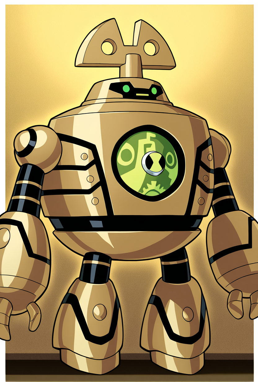 <lora:clockwork-10:1> clockwork, robot, solo, no humans, green eyes,  golden background,  White borders, masterpiece, best quality, amazing quality, very aesthetic, absurdres, newest,