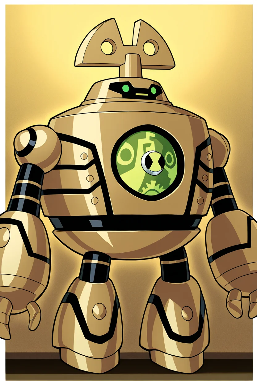 <lora:clockwork-10:1> clockwork, robot, solo, no humans, green eyes, golden background, White borders, masterpiece, best quality, amazing quality, very aesthetic, absurdres, newest,