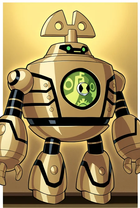 <lora:clockwork-10:1> clockwork, robot, solo, no humans, green eyes, golden background, White borders, masterpiece, best quality, amazing quality, very aesthetic, absurdres, newest,