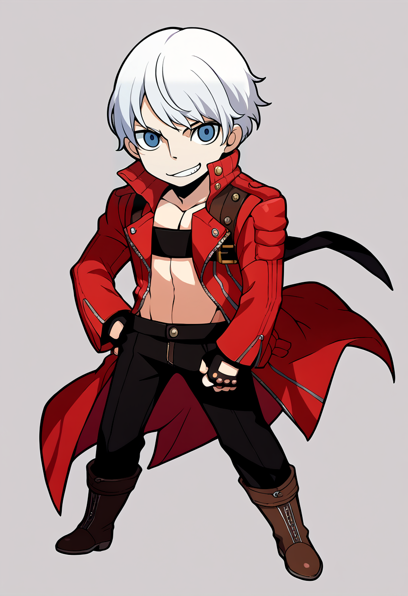 score_9, score_8_up, score_7_up, source_anime, BREAK, solo, 1boy, smile, looking at viewer, <lora:PQ-Style-pdxl_Fp:1>, simple background, full body, chibi, standing, <lora:dmc3_dante_ponyXL:1>, dmc3dante, red coat, bandeau, fingerless gloves, black pants, boots, standing, white hair, blue eyes,