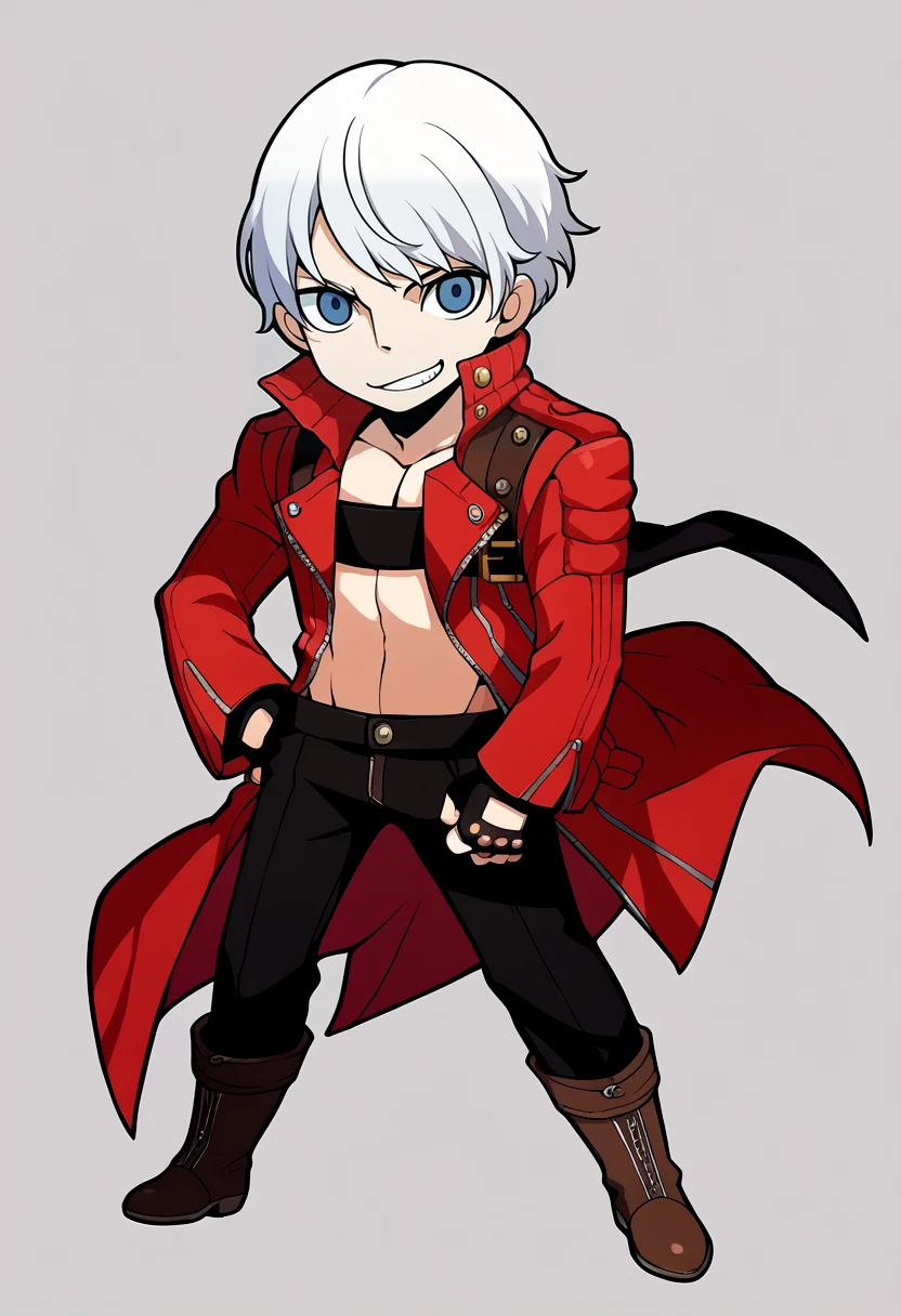 score_9, score_8_up, score_7_up, source_anime, BREAK, solo, 1boy, smile, looking at viewer, <lora:PQ-Style-pdxl_Fp:1>, simple background, full body, chibi, standing, <lora:dmc3_dante_ponyXL:1>, dmc3dante, red coat, bandeau, fingerless gloves, black pants, boots, standing, white hair, blue eyes,