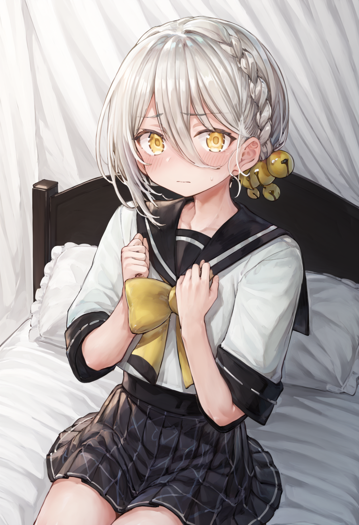 score_9, score_8_up, score_7_up, source_anime, rating:general,
BREAK,
1boy, solo, sitting on bed, looking at viewer, indoors, room, embarrassed, blush, arms down, 
 <lora:iori_yuzuru_PonyXL_v1:1> iori yuzuru, yellow eyes, white hair, braid, hair ornament, serafuku, crossdressing, pleated skirt,