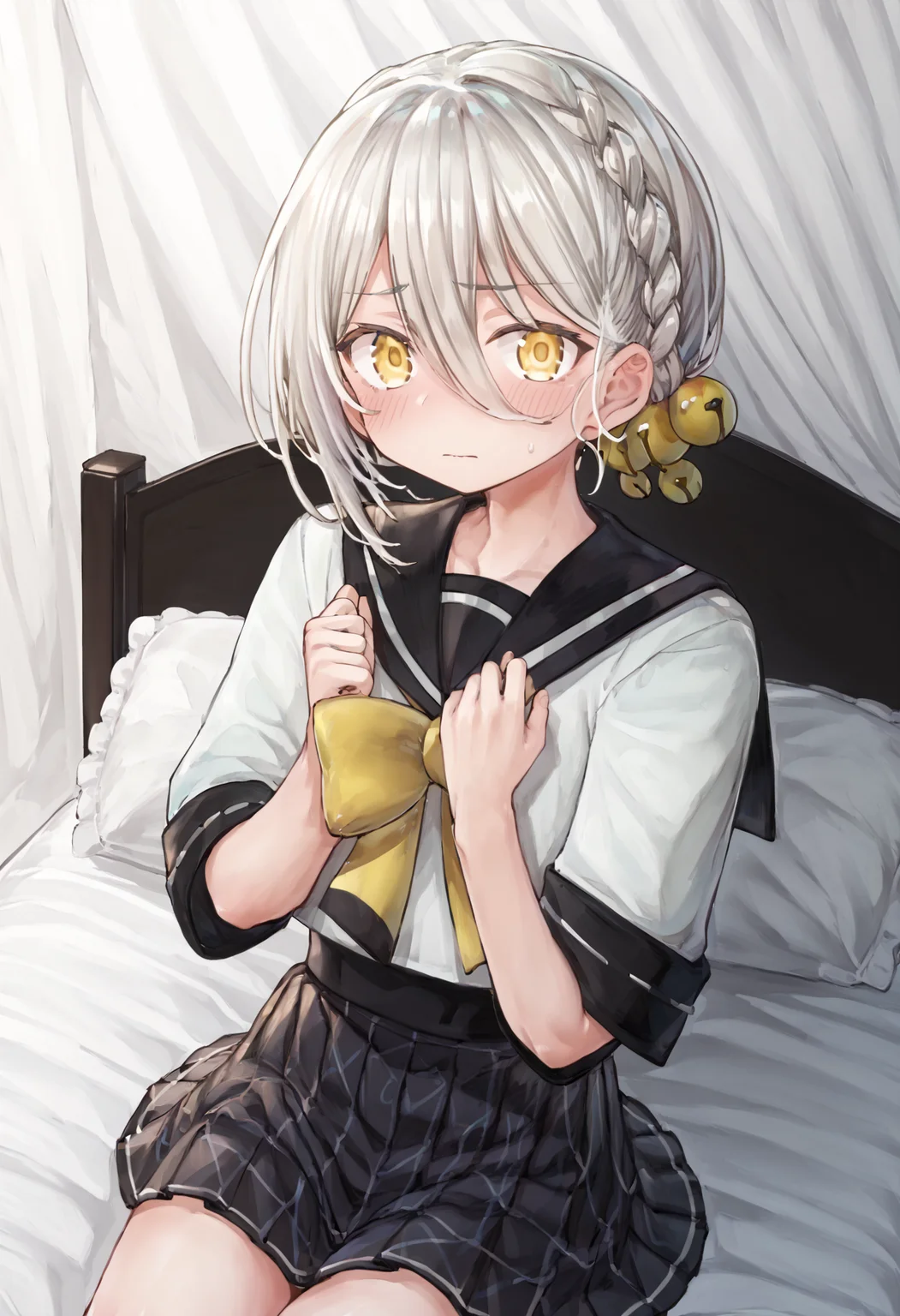 score_9, score_8_up, score_7_up, source_anime, rating:general,
BREAK,
1boy, solo, sitting on bed, looking at viewer, indoors, room, embarrassed, blush, arms down,
<lora:iori_yuzuru_PonyXL_v1:1> iori yuzuru, yellow eyes, white hair, braid, hair ornament, serafuku, crossdressing, pleated skirt,