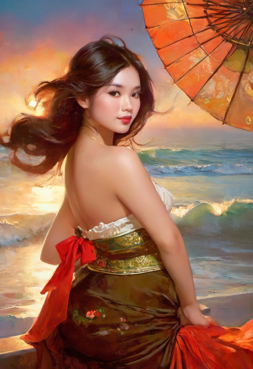 Top quality, 1 beautiful busty Thai woman, medium Hair, brown hair, dirndl skirt,  Romantic tender sexy paining by (Cyril Rolando:1.1) and Alphonse Mucha and norman rockwell and (Phil Koch:1.1) oil painting, masterpiece, top quality, best quality, detailed, highres, watercolor, illustration, large natural breasts,