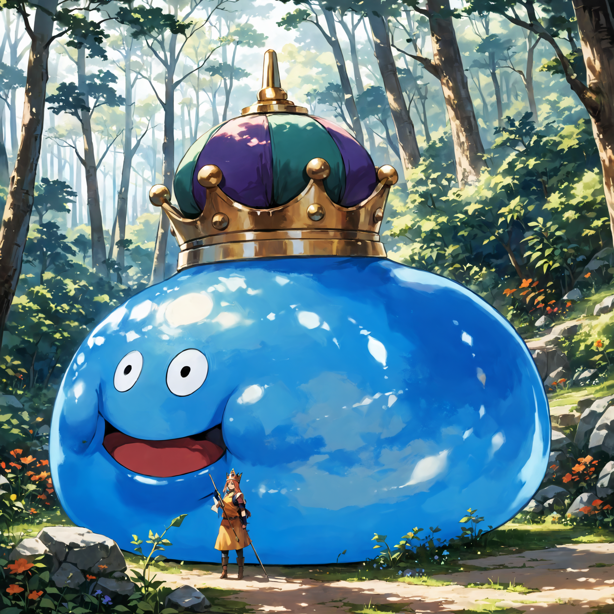 score_9,score_8_up,score_7_up,best quality,masterpiece,super detailed,extreme detailed,full_body,zPDXL,(nature:1.1),(forest:1.1) BREAK full_body.BREAK,
<lora:Pony_DetailV2.0:1> BREAK king slime,slime (dragon quest),crown,no humans,<lora:king slime:1>,:D,