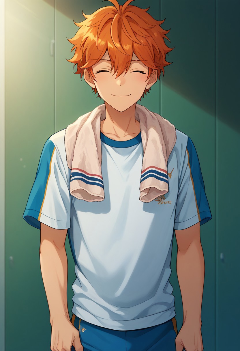 score_9, score_8_up, score_7_up, source_anime, highly detailed, 
subaruake, 1boy, male focus, solo, closed eyes, orange hair, towel around neck, swet, tired, smile, shirt, sportswear, gym uniform,
indoor,