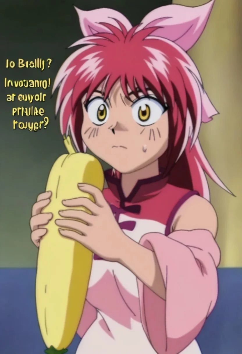 mariahchen in oversized clothes with text ("comedy":1.2), slipping on a banana peel, yellow eyes