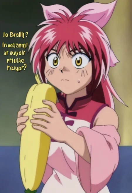 mariahchen in oversized clothes with text ("comedy":1.2), slipping on a banana peel, yellow eyes