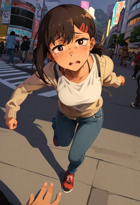 <lora:Khyle. v3:0.8>, POV, outdoors, shibuya city, morning,
Higashiyama_Kobeni, half closed eyes, more worried, tearing up, scared, sad mouth, white tank top, cardigan, open cardigan, jeans,
running to viewer, tripping, sorry for being late,
masterpiece, best quality,