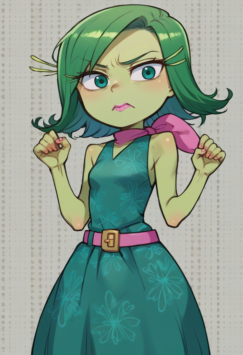 score_9, score_7_up, source_anime, solo, BREAK   <lora:disgust:0.9> disgustSDXL, 1girl, green eyes, green hair, green skin, pink lips, pink kerchief, green dress, belt, <lora:kuroboshi_kouhaku_PonyXL_style_v01:1>