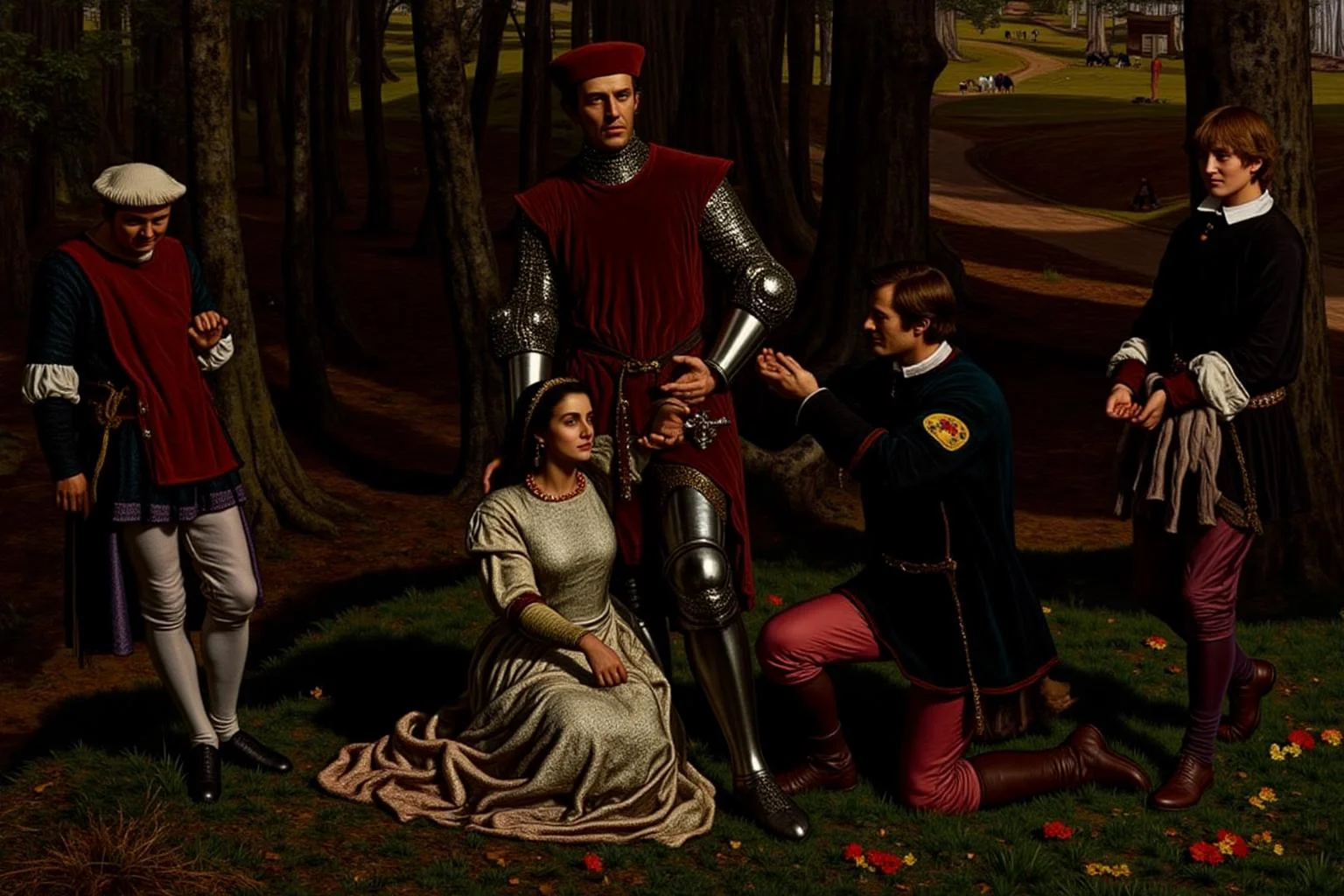 williamhhunt1 painting.
A medieval scene set in a dense forest with tall trees and a winding dirt path. Three men and a woman, dressed in medieval attire, are performing a wedding ritual. In the center, a knight in a deep red tunic and matching cap stands with a stern expression. A woman and a man kneel beside him. <lora:williamhhunt1_cap_d6a3e9:1.0><lora:838059561249195267:0>