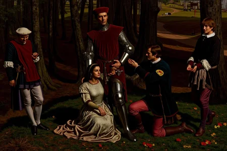 williamhhunt1 painting.
A medieval scene set in a dense forest with tall trees and a winding dirt path. Three men and a woman, dressed in medieval attire, are performing a wedding ritual. In the center, a knight in a deep red tunic and matching cap stands with a stern expression. A woman and a man kneel beside him. <lora:williamhhunt1_cap_d6a3e9:1.0><lora:838059561249195267:0>