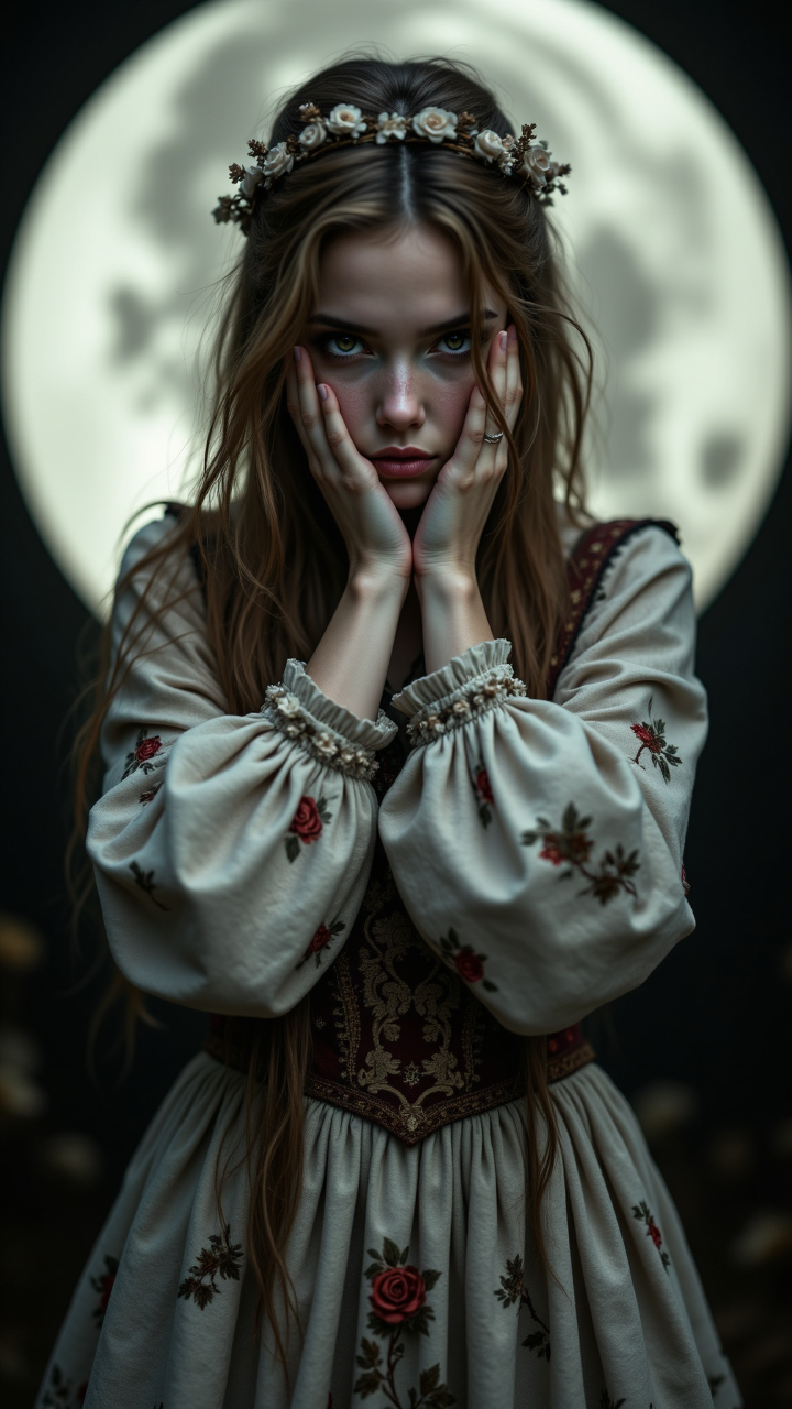 petite (Norazila:1.1) , lonely, wearing Colorless and Neutral Traditional Irish dress, Hands on face, Caramel hair styled as Half-up half-down, centered background, Moon in the night, Evil, Infrared, indigenous, aidmamj6.1