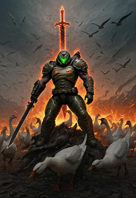 zPDXLxxx ((score_9, score_8_up, score_7_up)), masterpiece, perfect anatomy, HavvoricFireDarkstyle hell, solo, Doomguy, green armor, power armor, helmet, muscular, bloody hell, outdoors, hell, combat pose, holding glowing red energy greatsword, goose ambush, 6+ geese, white geese, standing on a mound of geese, the word 'DOOM' in the background in all caps,