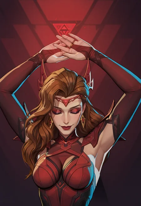 <lora:MarvelRivals:1> r1vals,
, 1girl, solo, long hair, breasts, smile, brown hair, closed mouth, upper body, closed eyes, arms up, makeup, bridal gauntlets, red lips