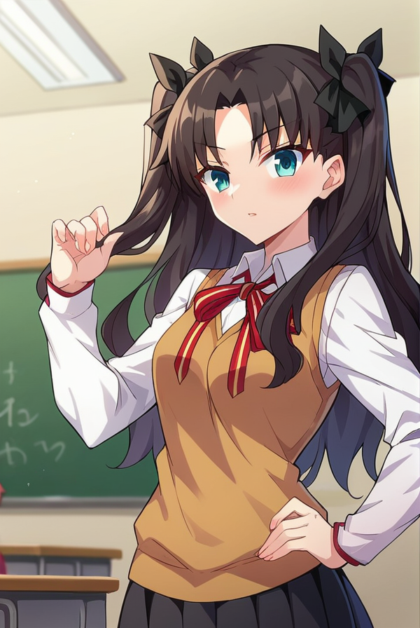 score_9, score_8_up, score_7_up, score_6_up, score_5_up, score_4_up,
BREAK source_anime, 
rintohsaka, <lora:rin_tohsaka_ubw-sdxl-lora-nochekaiser:1>,
rin tohsaka, aqua eyes, black hair, hair ribbon, long hair, ribbon, sidelocks, two side up, parted bangs
brown sweater vest, collared shirt, homurahara academy school uniform, neck ribbon, red ribbon, ribbon, school uniform, shirt, sweater vest, white shirt,
indoors, classroom,
looking at viewer, cowboy shot,
