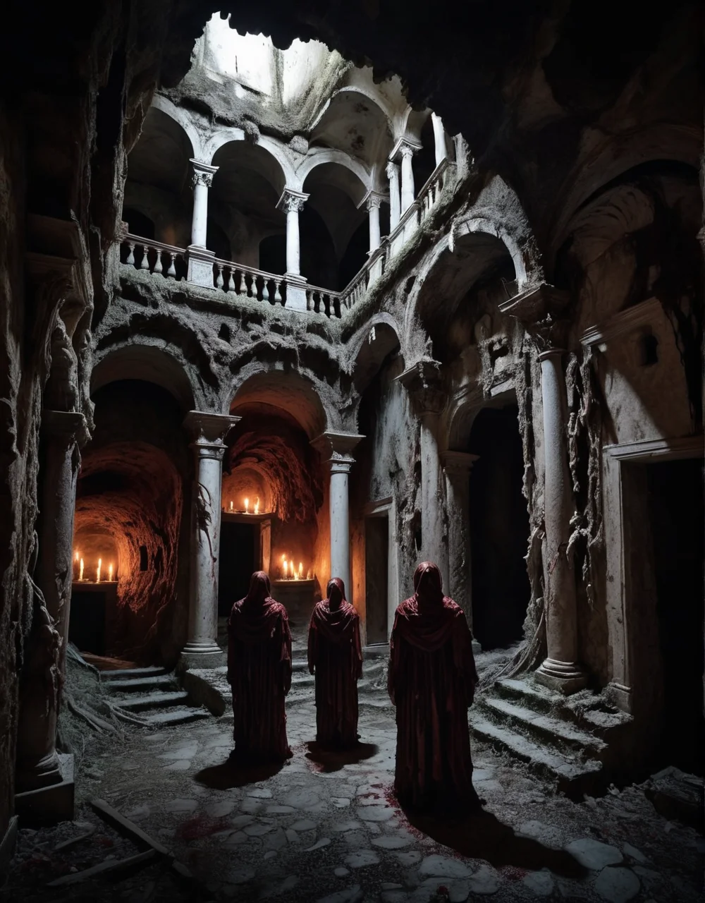 Crumbling ancient villa in rural Italy, beneath lies a cursed catacomb, candlelight, group of friends descending into the labyrinth, hyperrealistic, twisting shadows, grotesque moving corpses, blood oozing walls, unseen whispers, high detail, dark and ominous atmosphere, surreal elements, high contrast