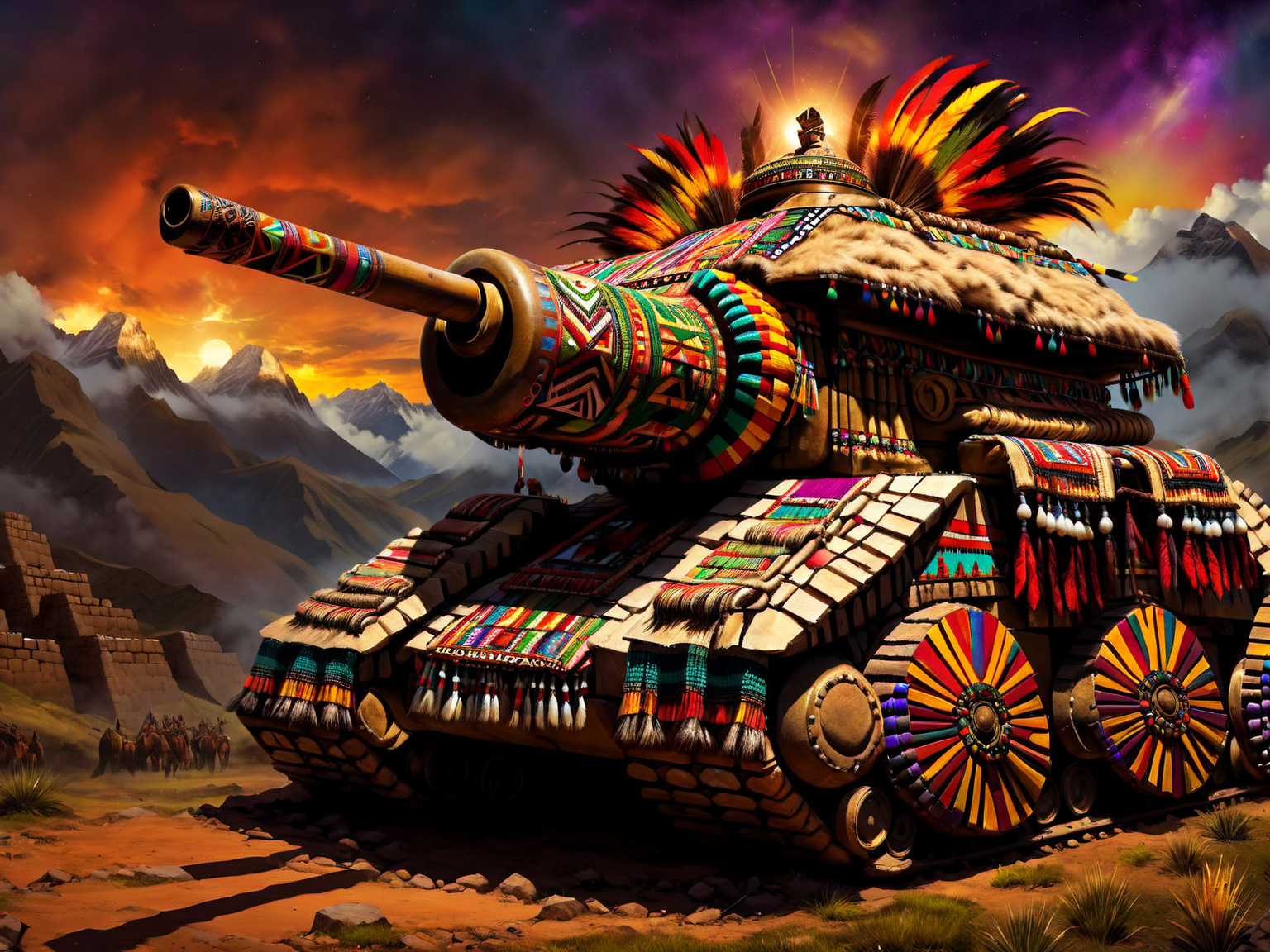<lora:CulturePunkAI_1Pruned:.9> TotemPunkAI Inca  tank (Highly detailed, amazing tribal setting), (Impressive lighting), (Colorful, Ultra Realistic, High quality, Highly detailed, Sharp focus, 8K UHD, Art photography), (trending on artstation)