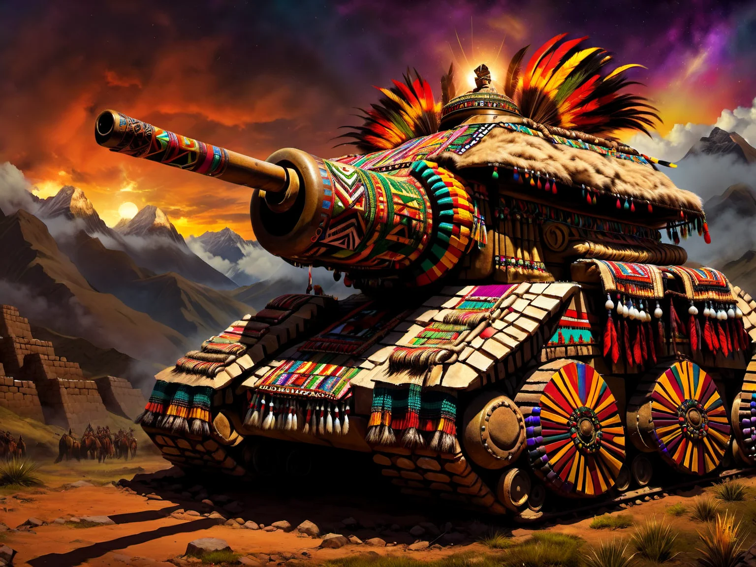 <lora:CulturePunkAI_1Pruned:.9> TotemPunkAI Inca tank (Highly detailed, amazing tribal setting), (Impressive lighting), (Colorful, Ultra Realistic, High quality, Highly detailed, Sharp focus, 8K UHD, Art photography), (trending on artstation)