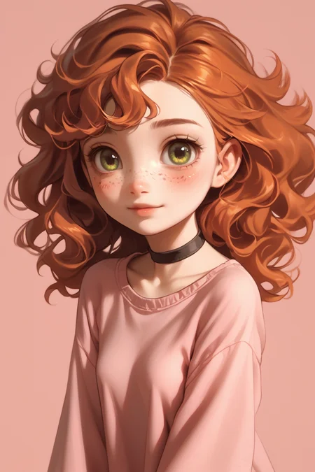 score_9,score_8_up,score_7_up,
<lora:porochaStyle:1> porochastyle,
1girl, pretty, cute, short orange hair, wavy hair, bangs, green eyes, freckles, small breasts, pink shirt, black choker,