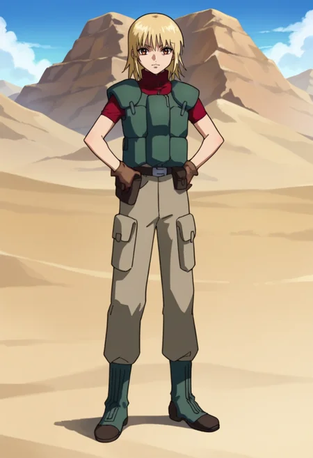 score_9,score_8_up,score_7_up,score_6_up,score_5_up,score_4_up,anime coloring,source_anime,<lora:Cagalli_Yula_Athha_Gundam_SEED_Pony:0.8>,cagalli,1girl,solo,brown eyes,medium hair,blonde hair,red shirt,short sleeves,armor vest,brown gloves,belt pouch,khaki pants,cargo pants,green boots,hands_on_hips,standing,outdoors,desert,looking_at_viewer,full body,