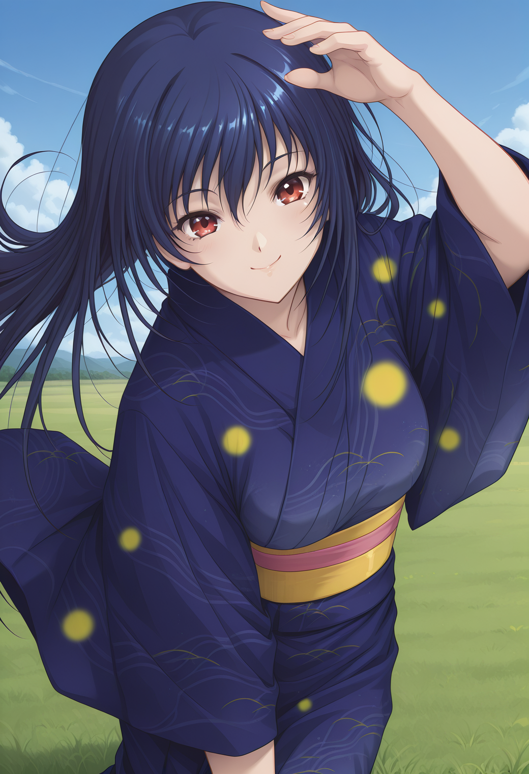 kuon_mayou, red eyes, blue hair, long hair, japanese clothes, kimono, navy blue yukata, obi, sash, <lora:kuon_mayou_illustrious_ver2:0.8> 
smile, cowboy shot,, 1girl, solo, blue sky, (grasslands:1.2), looking at viewer,, masterpiece, best quality, sensitive,, (dynamic pose:1.4), (upside-down:-1),