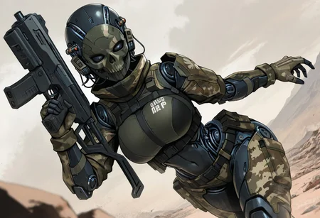 masterpiece, best quality, good quality, very aesthetic, absurdres, newest, 8K, depth of field, focused subject, 
dynamic angle,
in the style of ckgr, 1girl, android, black and white camouflage mask is open, skull gloves, holding a futuristic gun, anime